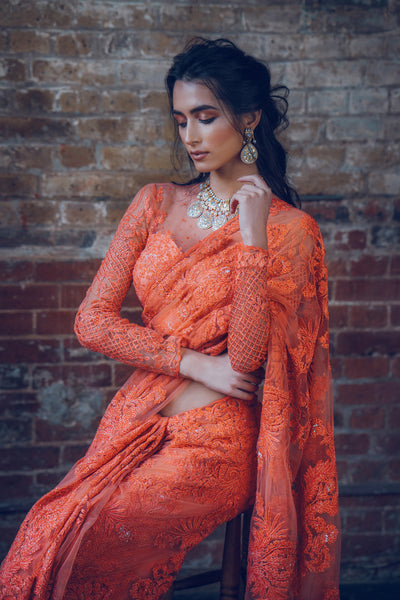 Ekta Solanki Saree and Blouse ~ Tangerine Orange Lace Beaded Net ~ £2,200 Pre-Order
