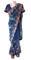 Ekta Solanki Saree and Blouse ~ Navy Blue and Floral Pink Thread Work Net ~ WAS £845 NOW £225