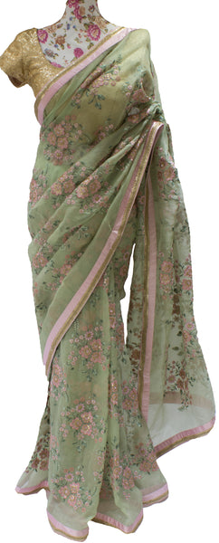 Ekta Solanki Saree and Blouse ~ Pistachio Green and Pink Floral Organza ~ WAS £710 NOW £345