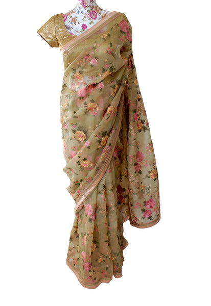 Ekta Solanki Saree and Blouse ~ Pale Peach and Pink Floral Organza ~ WAS £695 NOW £355