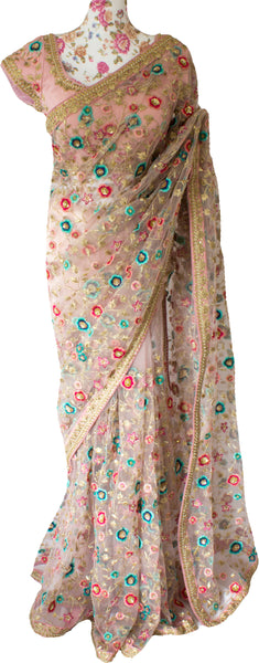 Ekta Solanki Saree and Blouse ~ Blush Pink Floral Embroidered Net ~ WAS £2,450 NOW £975